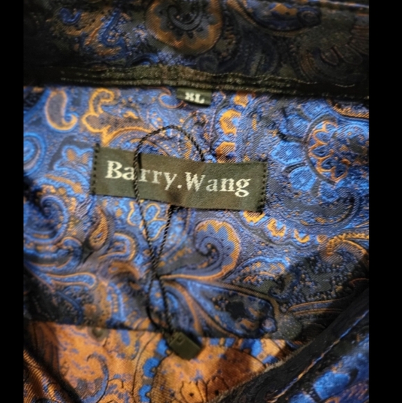 Barry.Wang Men's Luxury Blue Golden Floral Silk Button Down Shirt - Picture 6 of 7